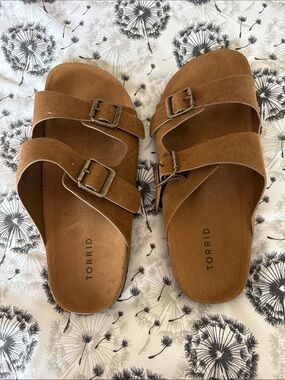 Torrid Chestnut Brown Suede Slide Sandals with Dual Buckles